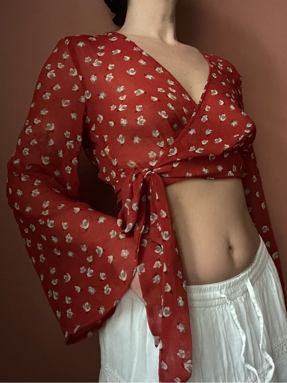 Red floral wrap top with bell sleeves